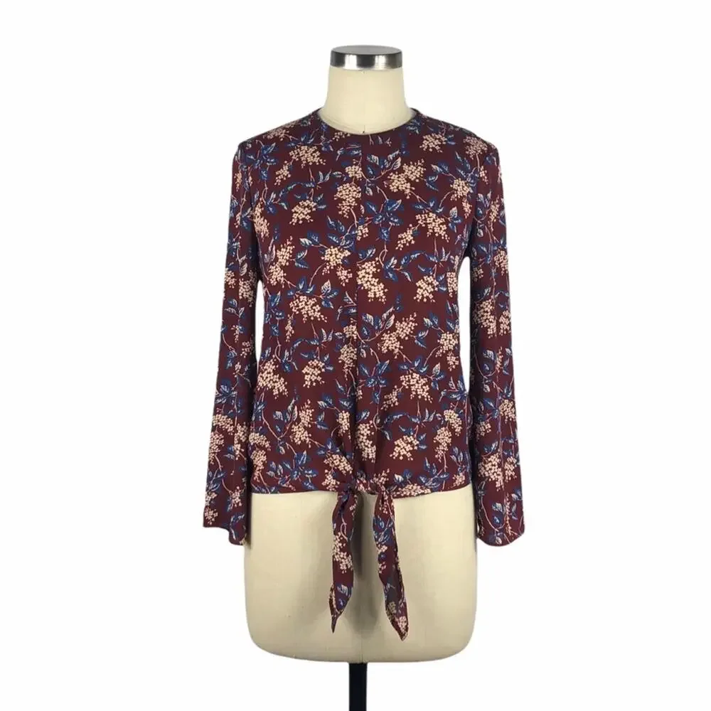 MADEWELL Bell-Sleeve Tie Top in‎ Antique Flora XS Purple Blue Floral Boho Light
